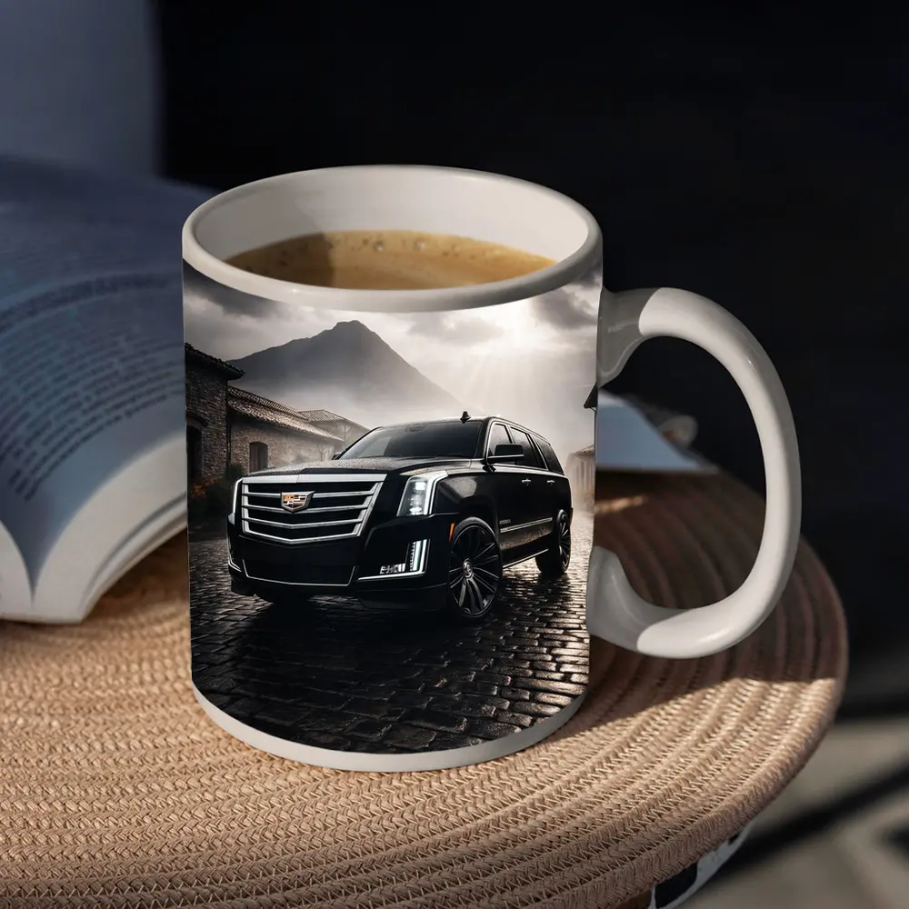 Cadillac Escalade Black SUV Stormy Mountain Setting – Mugs