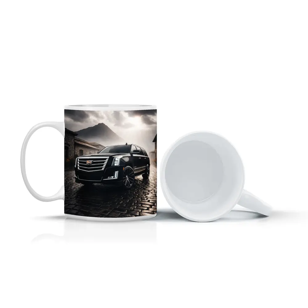 Cadillac Escalade Black SUV Stormy Mountain Setting – Mugs