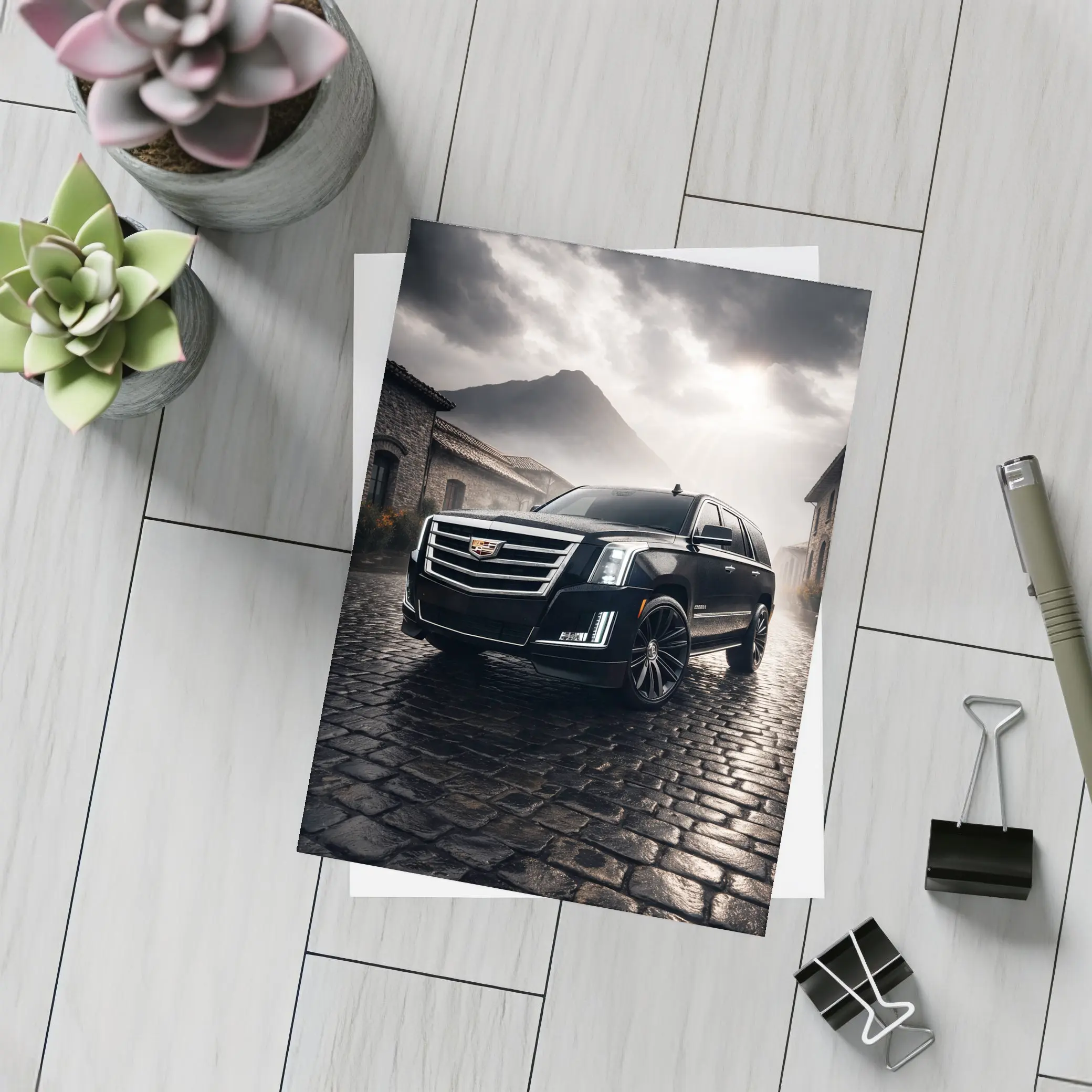 Cadillac Escalade Black SUV Stormy Mountain Setting – Postcards