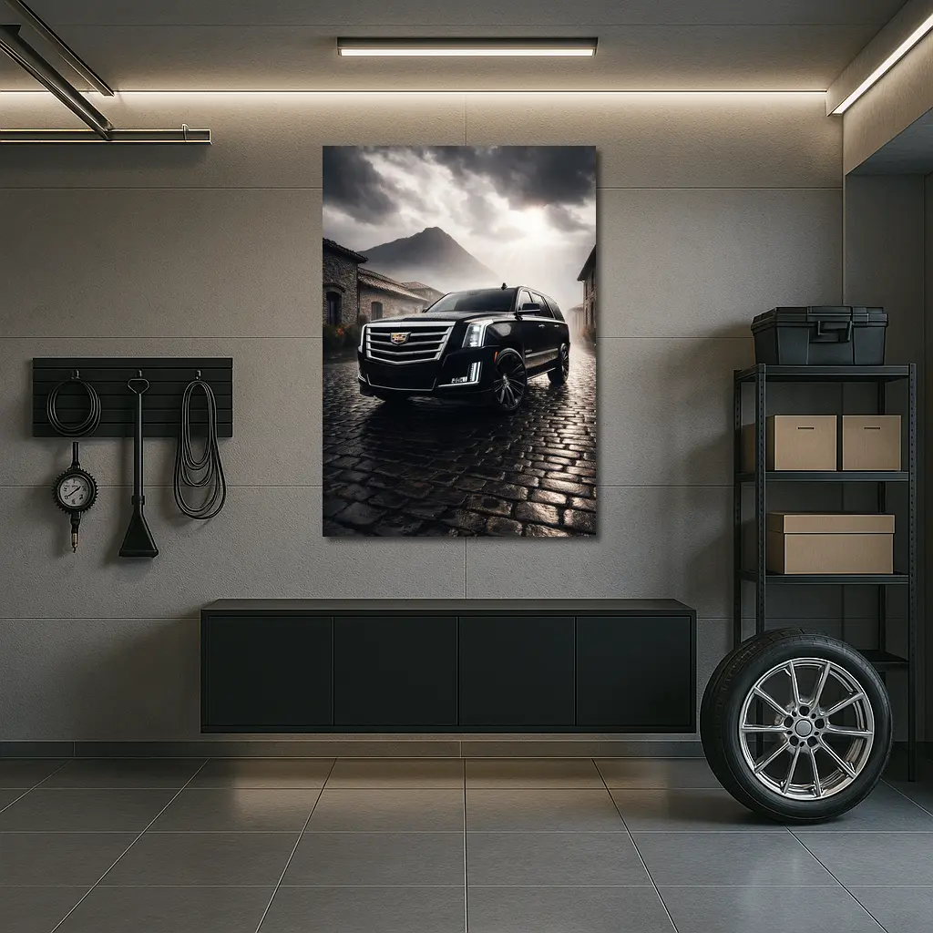Cadillac Escalade Black SUV Stormy Mountain Setting – Wall Art
