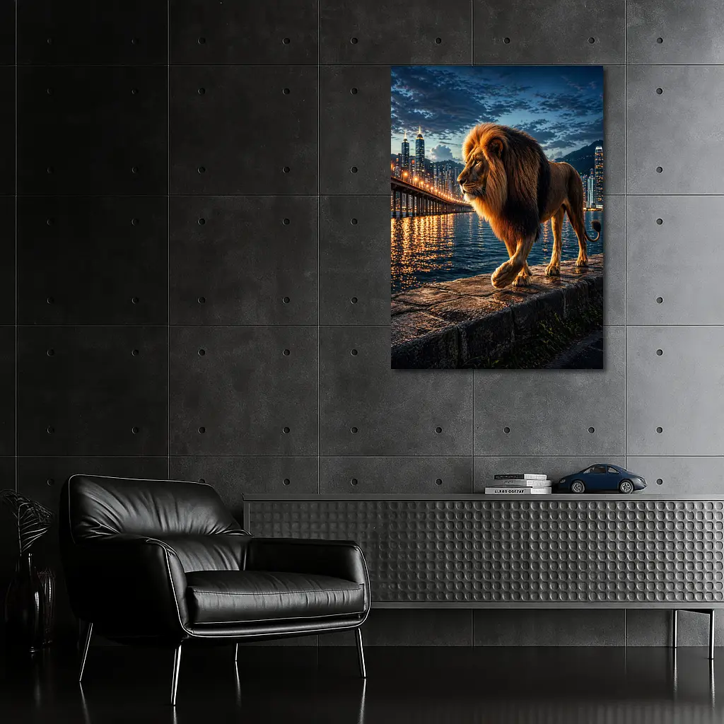 Lion Walking City Waterfront At Night – Wall Art