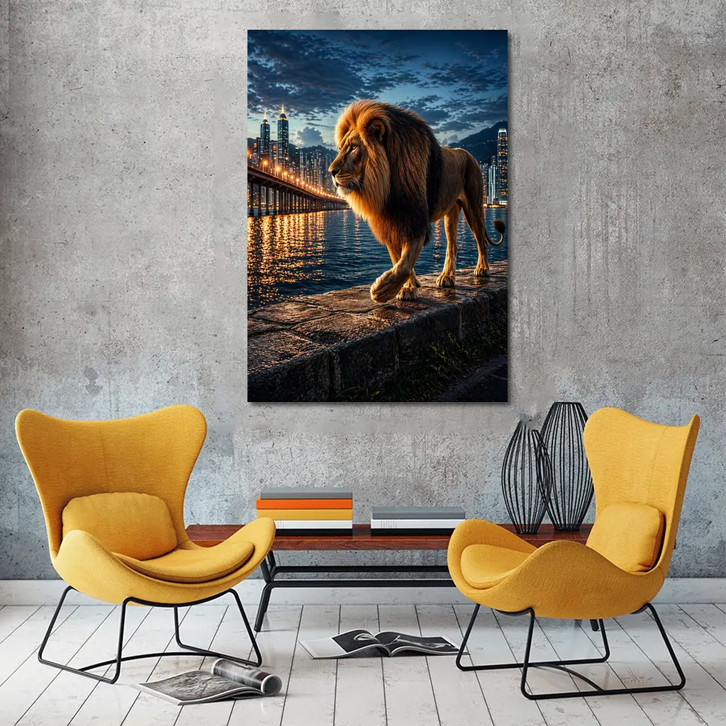 Lion Walking City Waterfront At Night – Wall Art