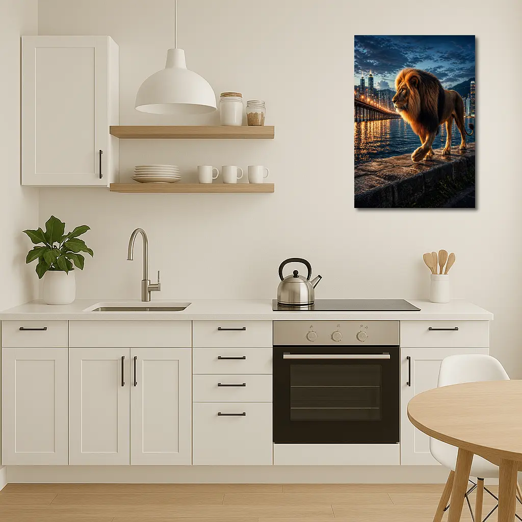 Lion Walking City Waterfront At Night – Wall Art