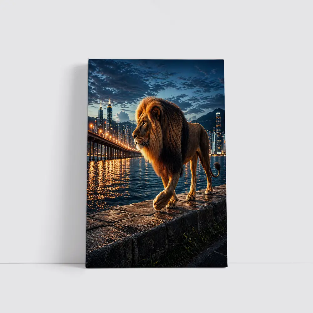 Lion Walking City Waterfront At Night – Wall Art