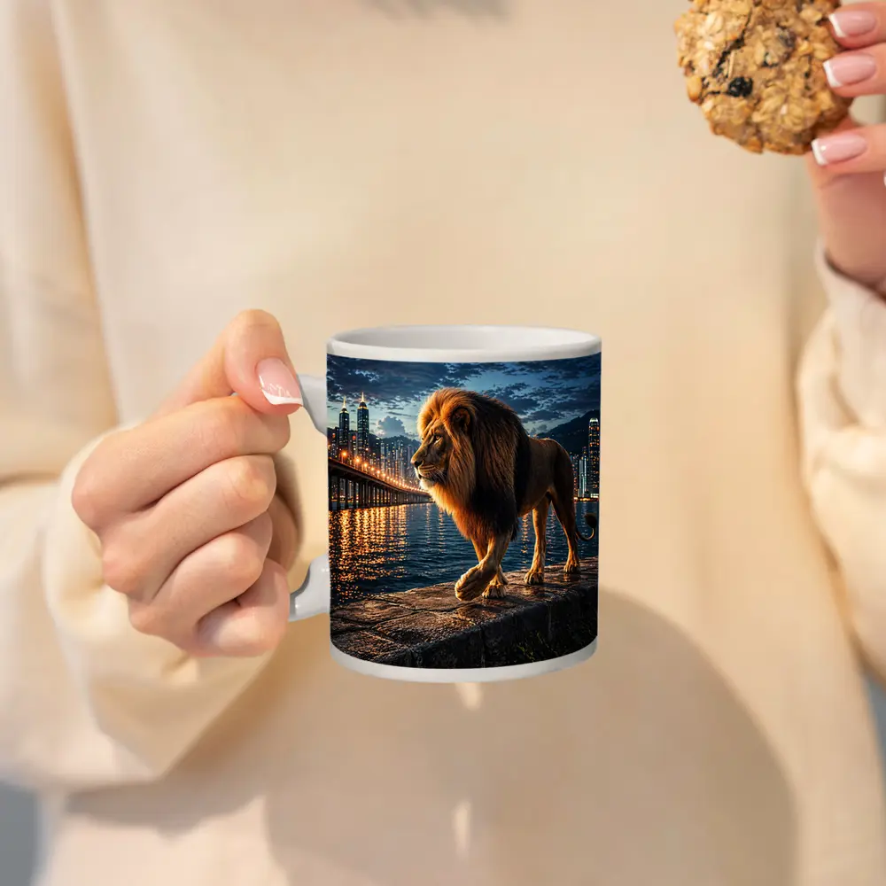 Lion Walking City Waterfront At Night – Mugs