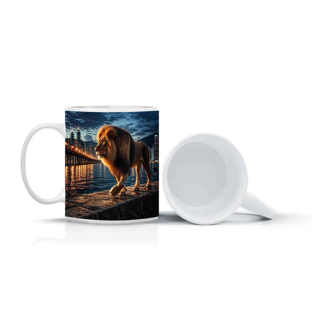 Lion Walking City Waterfront At Night – Mugs