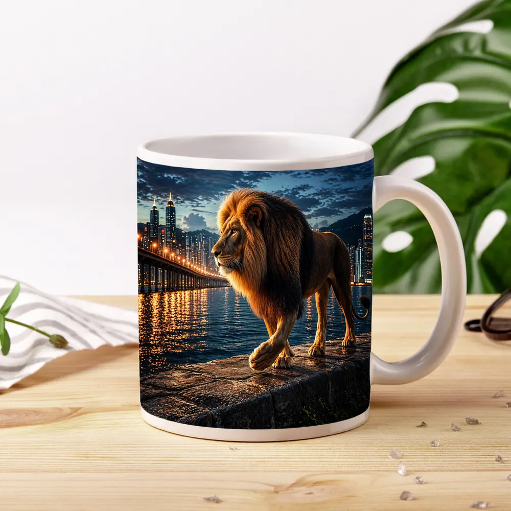 Lion Walking City Waterfront At Night – Mugs
