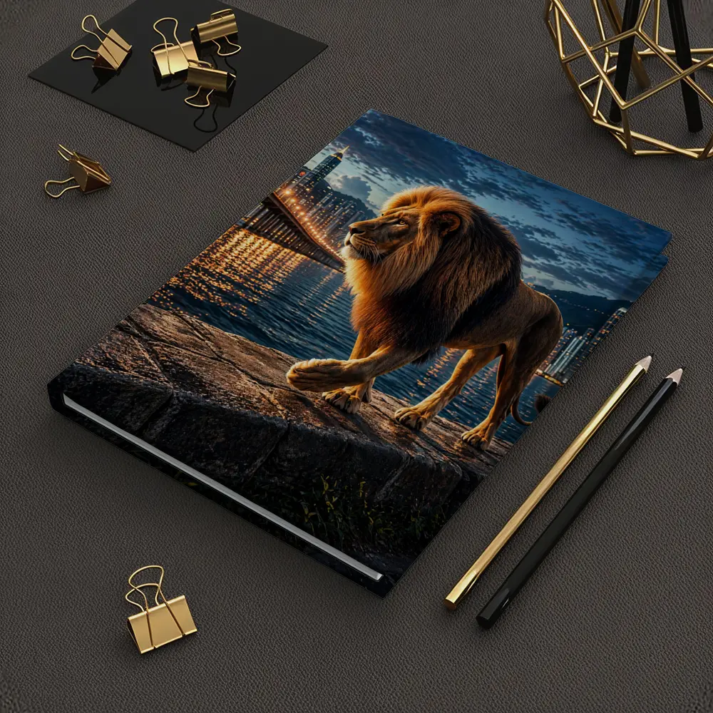 Lion Walking City Waterfront At Night – Notebooks