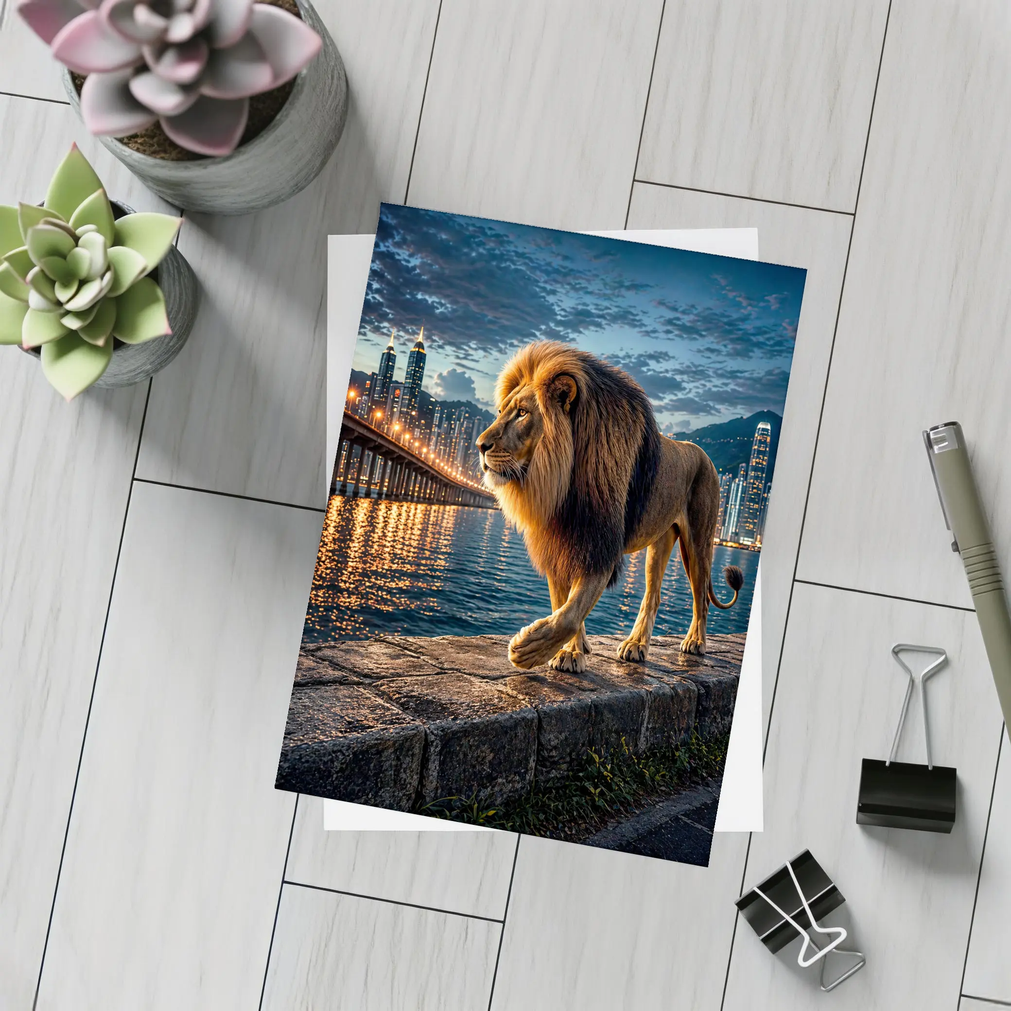Lion Walking City Waterfront At Night – Postcards