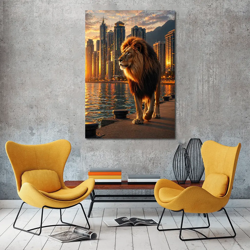 Lion Walking City Waterfront at Sunset – Wall Art