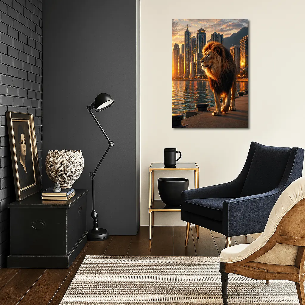Lion Walking City Waterfront at Sunset – Wall Art