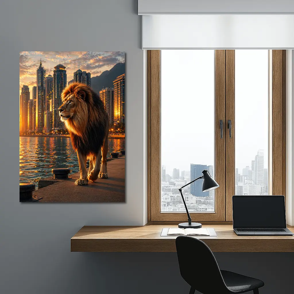 Lion Walking City Waterfront at Sunset – Wall Art