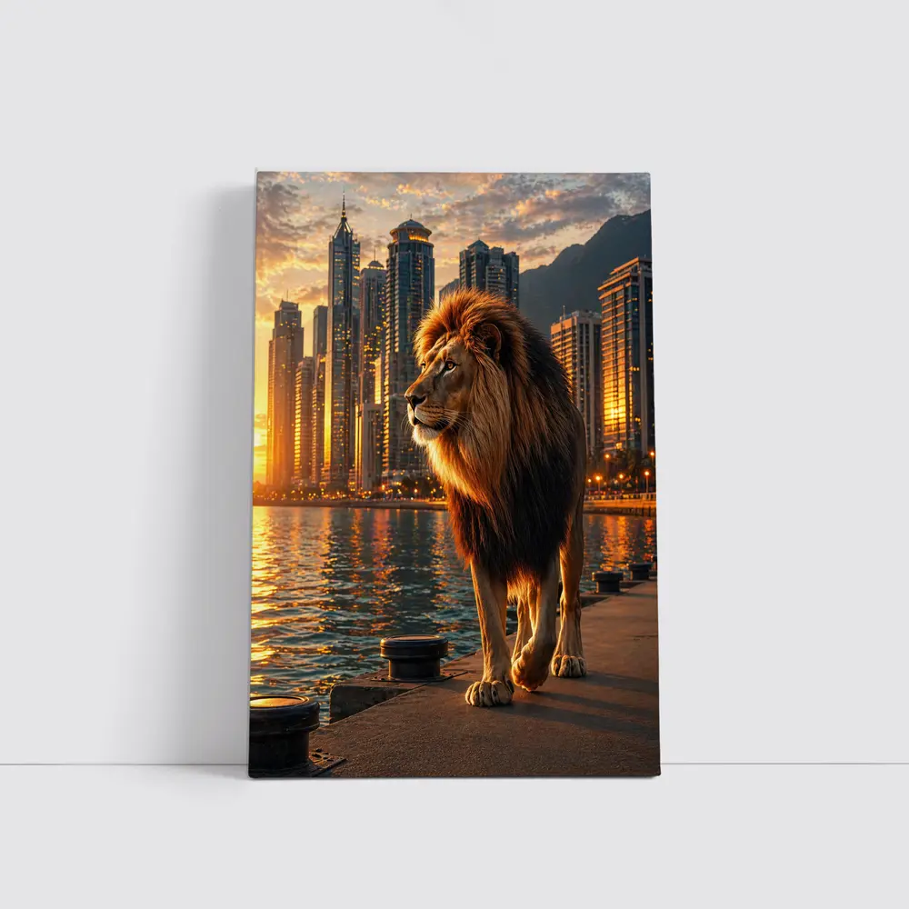 Lion Walking City Waterfront at Sunset – Wall Art