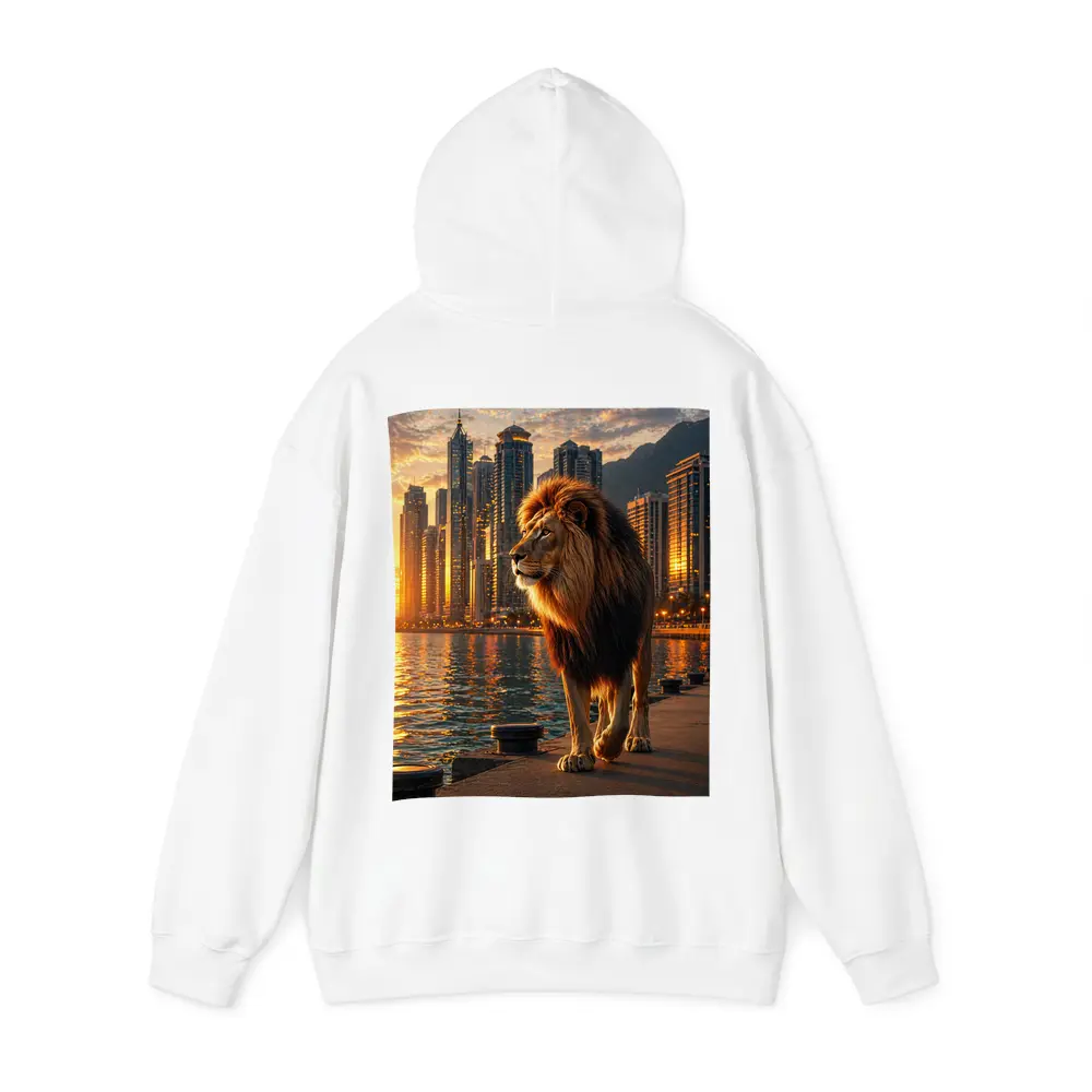 Lion Walking City Waterfront at Sunset – Hoodies