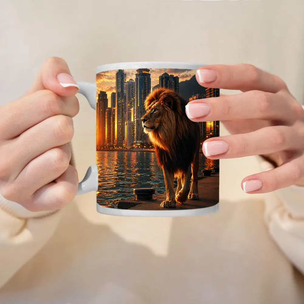 Lion Walking City Waterfront at Sunset – Mugs