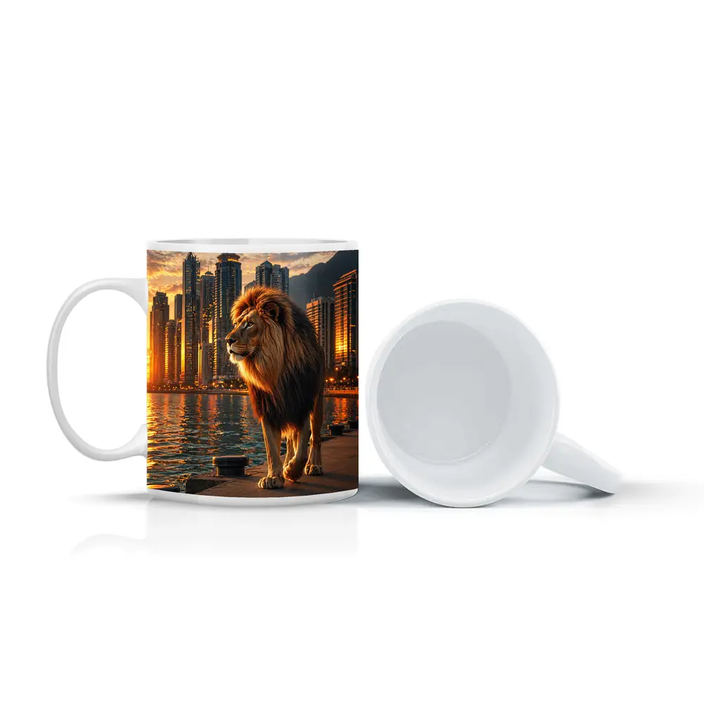 Lion Walking City Waterfront at Sunset – Mugs