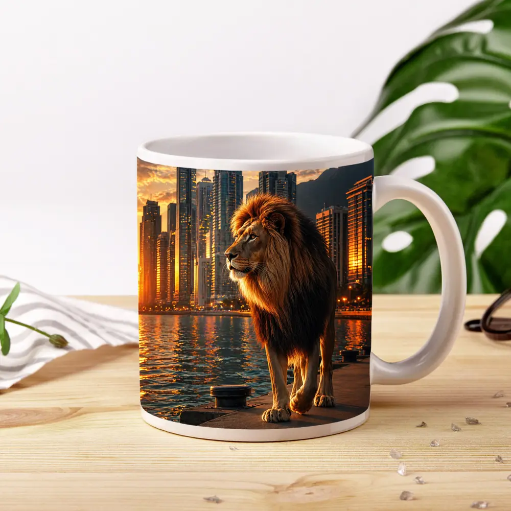 Lion Walking City Waterfront at Sunset – Mugs