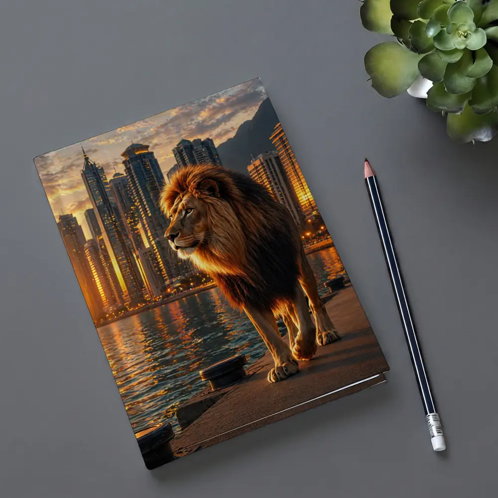 Lion Walking City Waterfront at Sunset – Notebooks