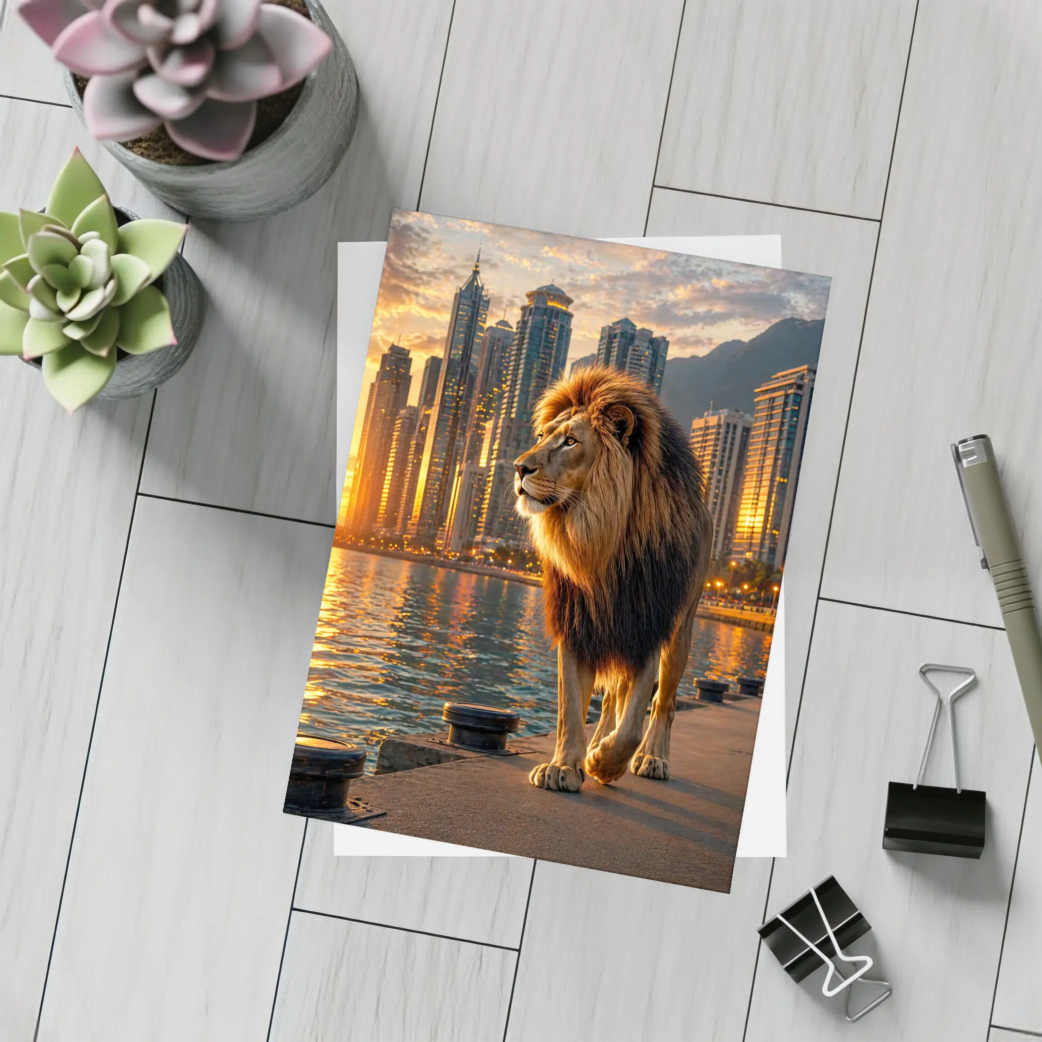 Lion Walking City Waterfront at Sunset – Postcards