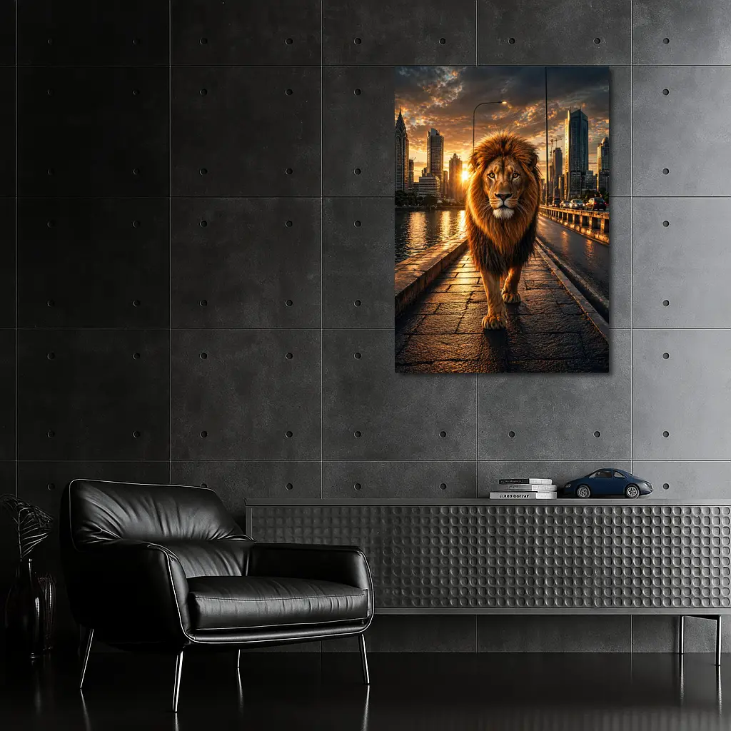 Lion Walking City Bridge at Sunset – Wall Art