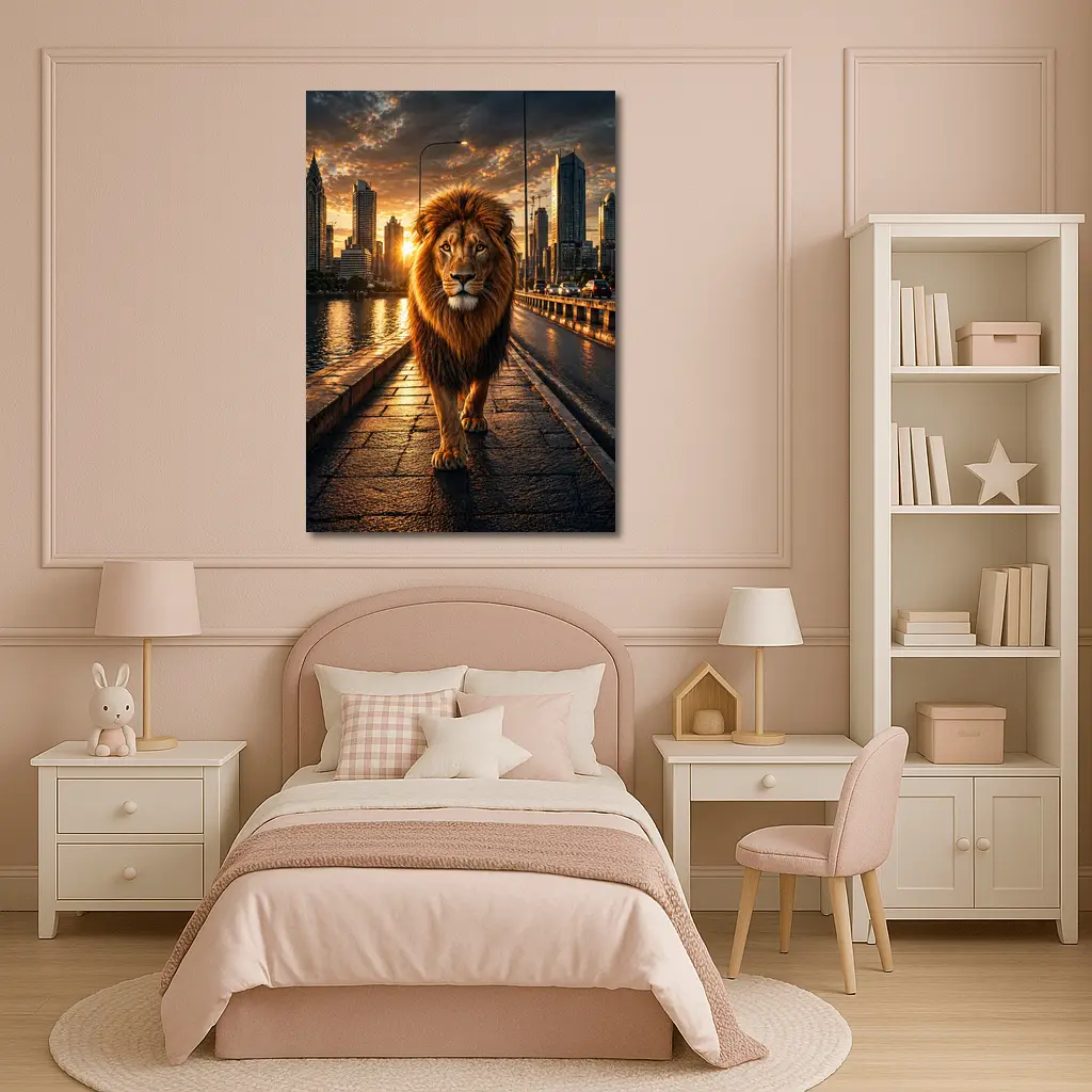 Lion Walking City Bridge at Sunset – Wall Art