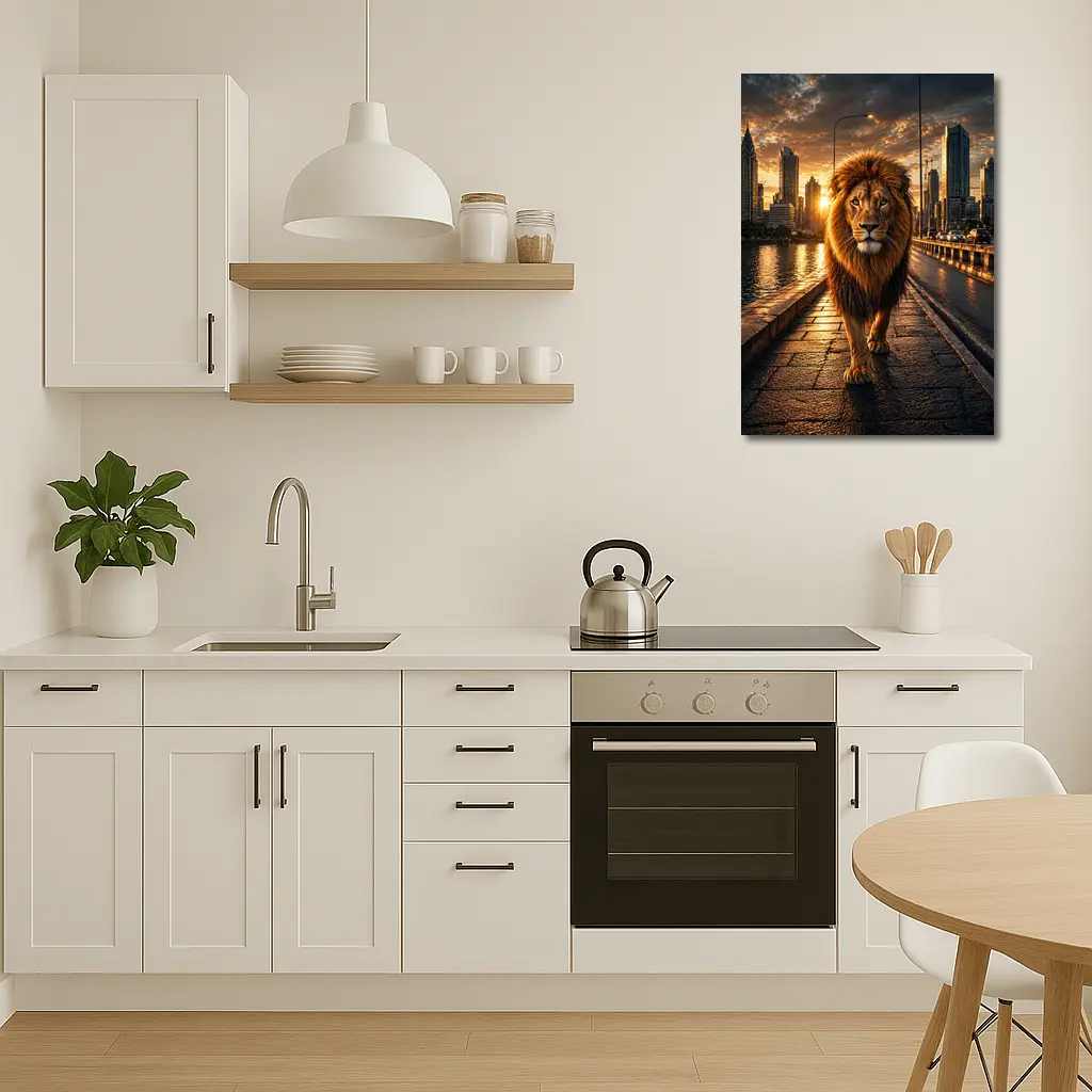 Lion Walking City Bridge at Sunset – Wall Art