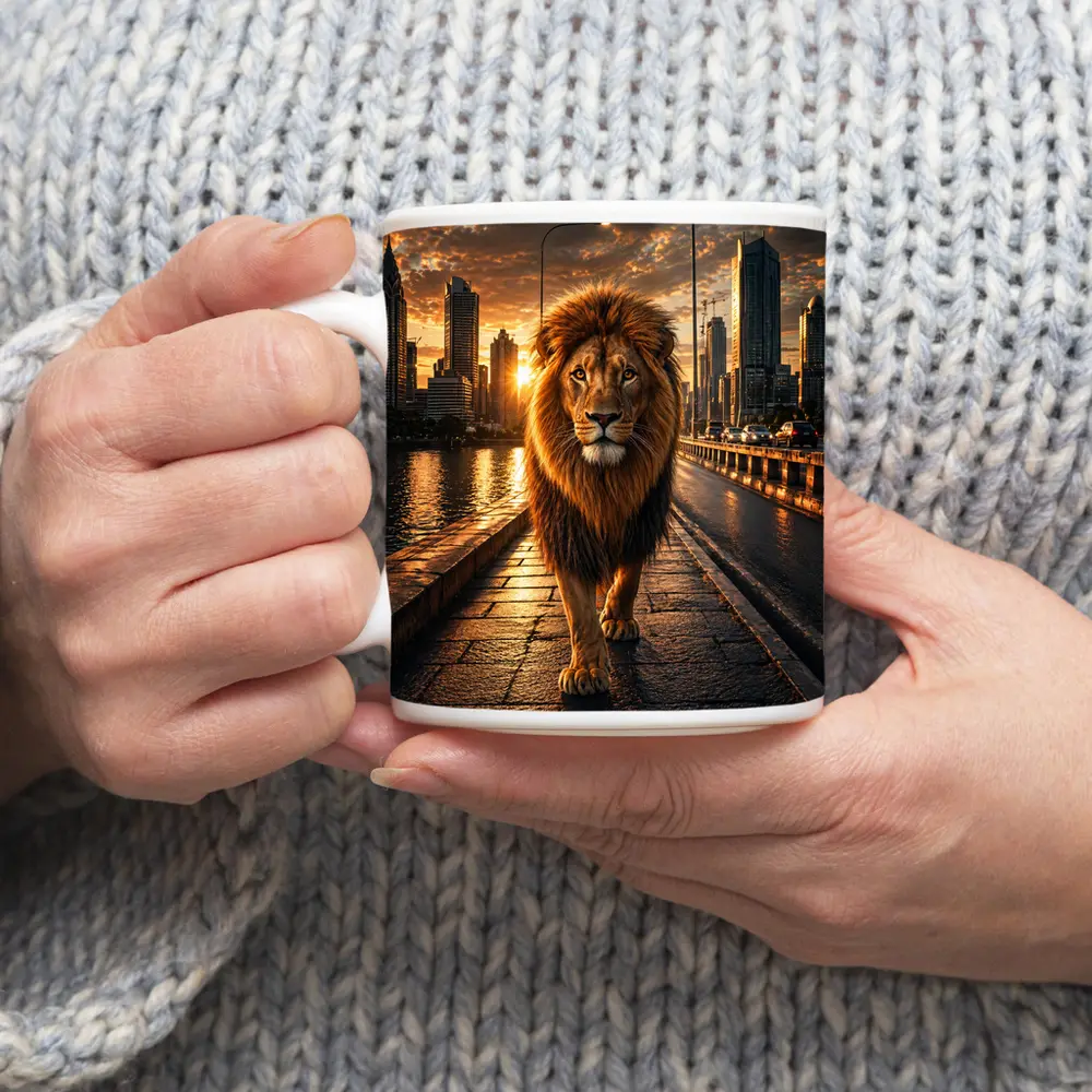 Lion Walking City Bridge at Sunset – Mugs