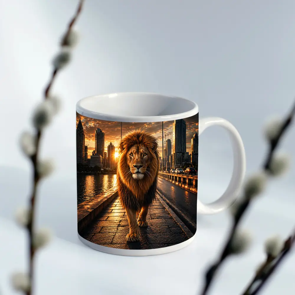 Lion Walking City Bridge at Sunset – Mugs