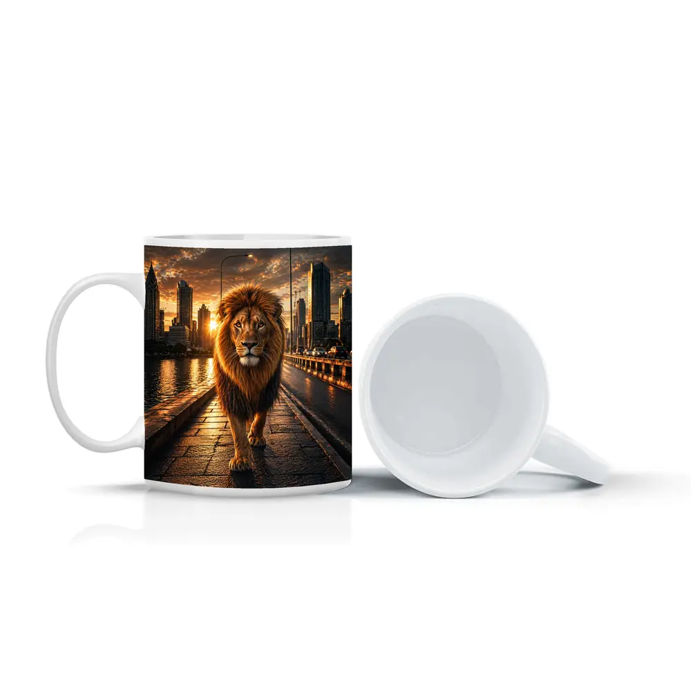 Lion Walking City Bridge at Sunset – Mugs