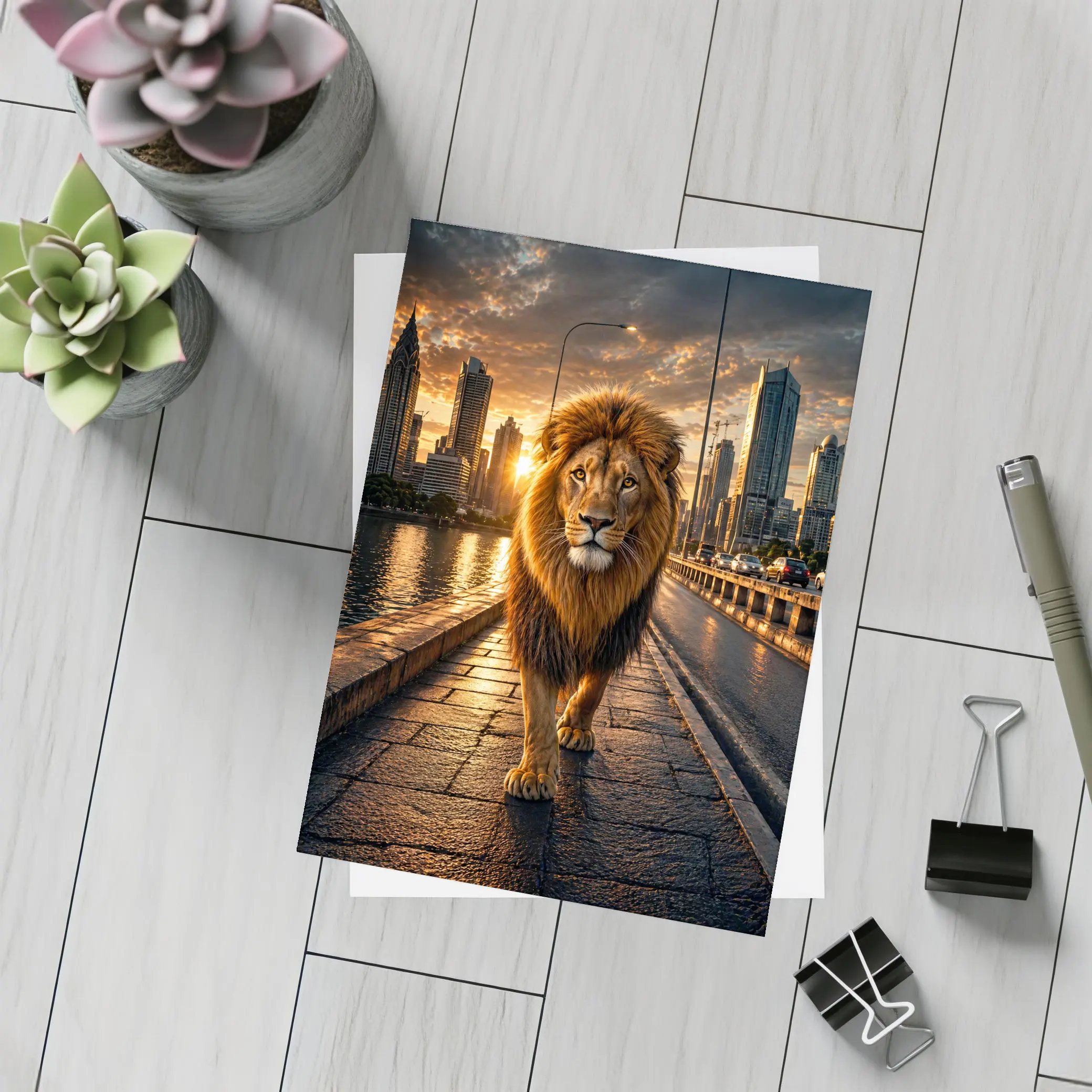 Lion Walking City Bridge at Sunset – Postcards