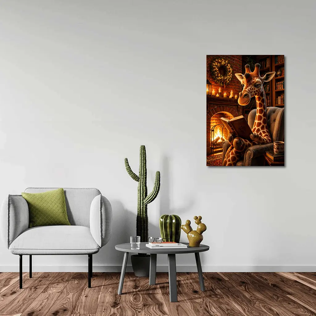 Giraffe Reading Book by Cozy Fireplace – Wall Art