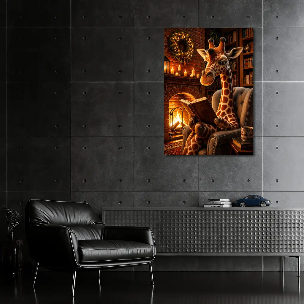 Giraffe Reading Book by Cozy Fireplace – Wall Art