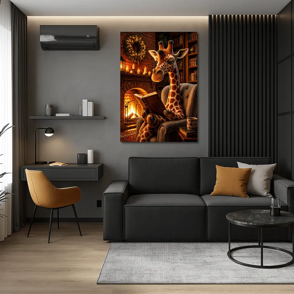 Giraffe Reading Book by Cozy Fireplace – Wall Art