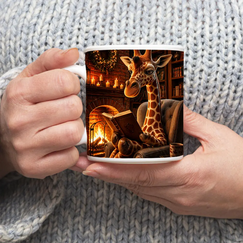 Giraffe Reading Book by Cozy Fireplace – Mugs