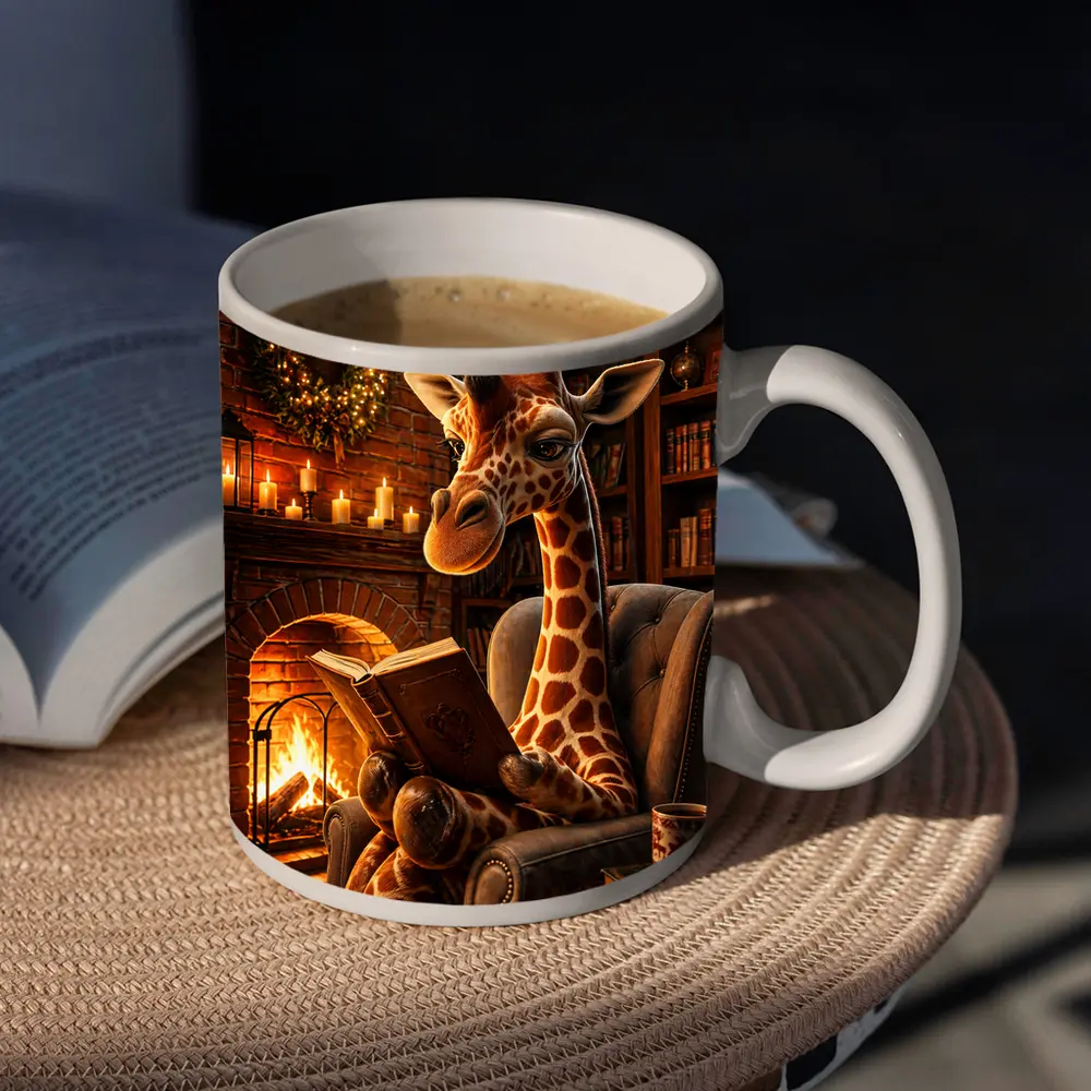 Giraffe Reading Book by Cozy Fireplace – Mugs