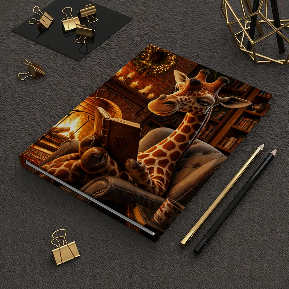 Giraffe Reading Book by Cozy Fireplace – Notebooks