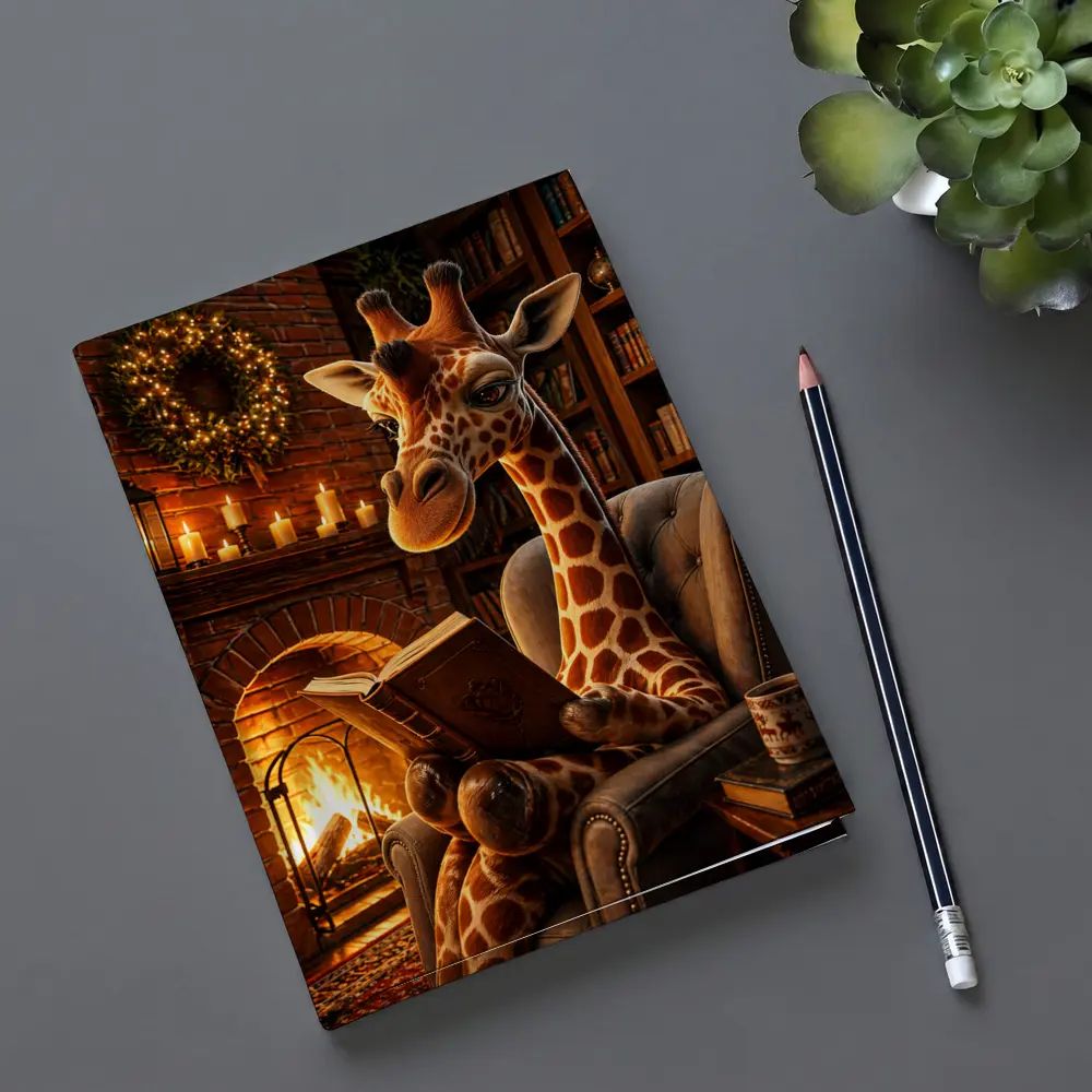Giraffe Reading Book by Cozy Fireplace – Notebooks