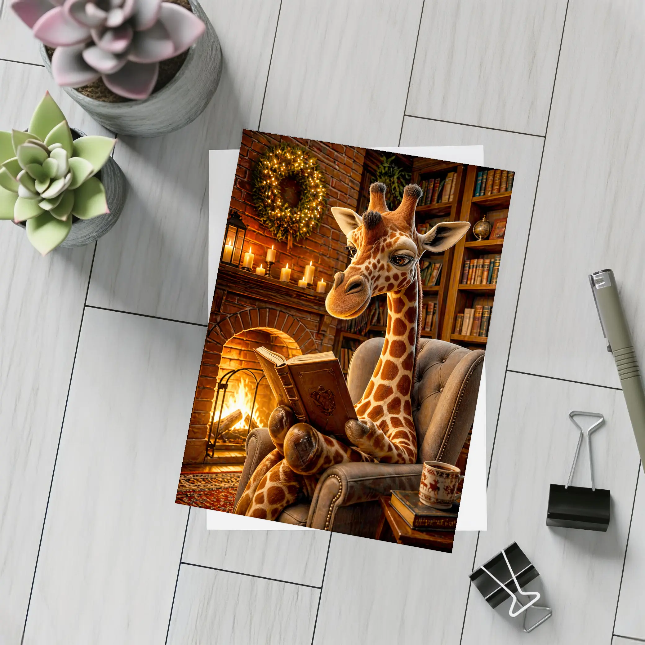 Giraffe Reading Book by Cozy Fireplace – Postcards