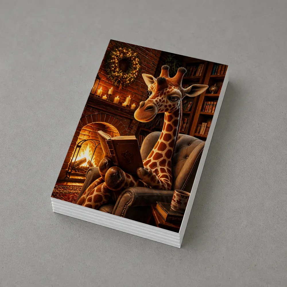 Giraffe Reading Book by Cozy Fireplace – Postcards