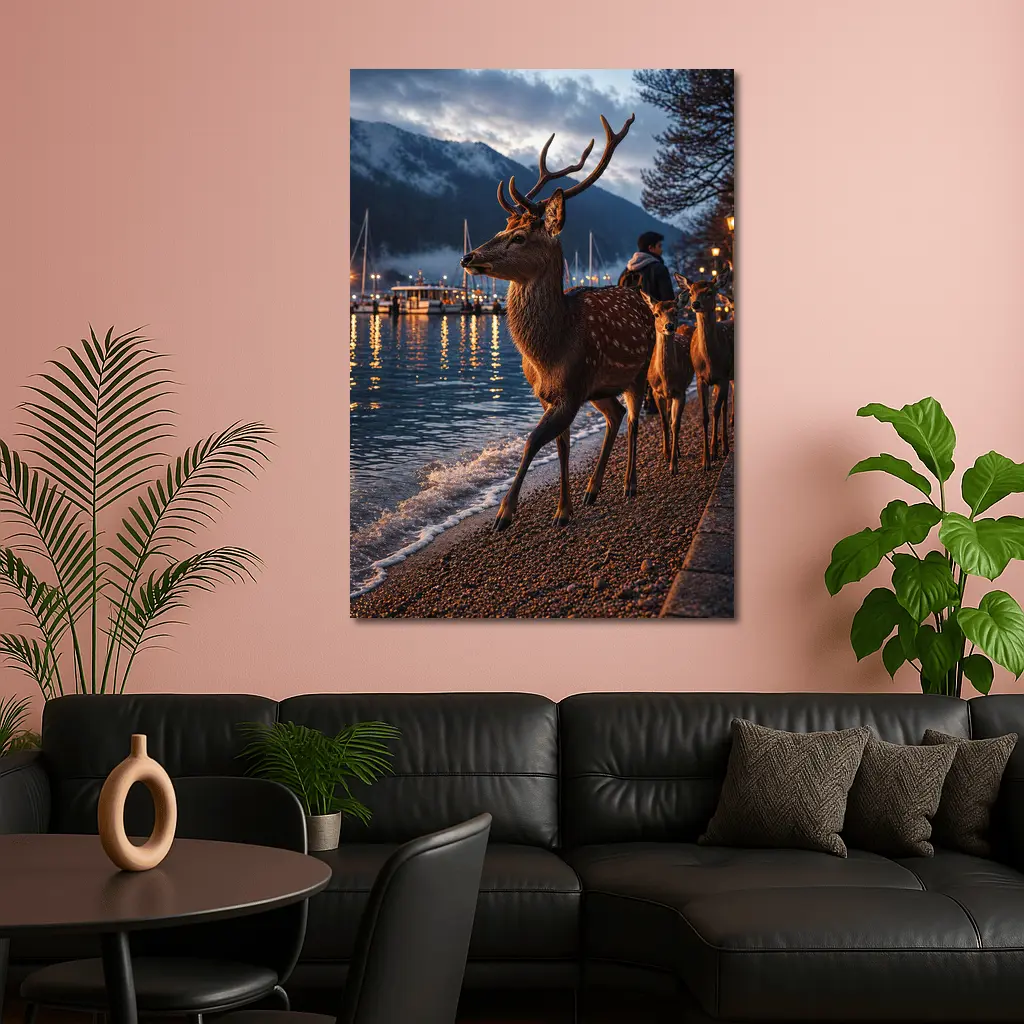 Deer Stag Walking Along Harbor At Dusk – Wall Art