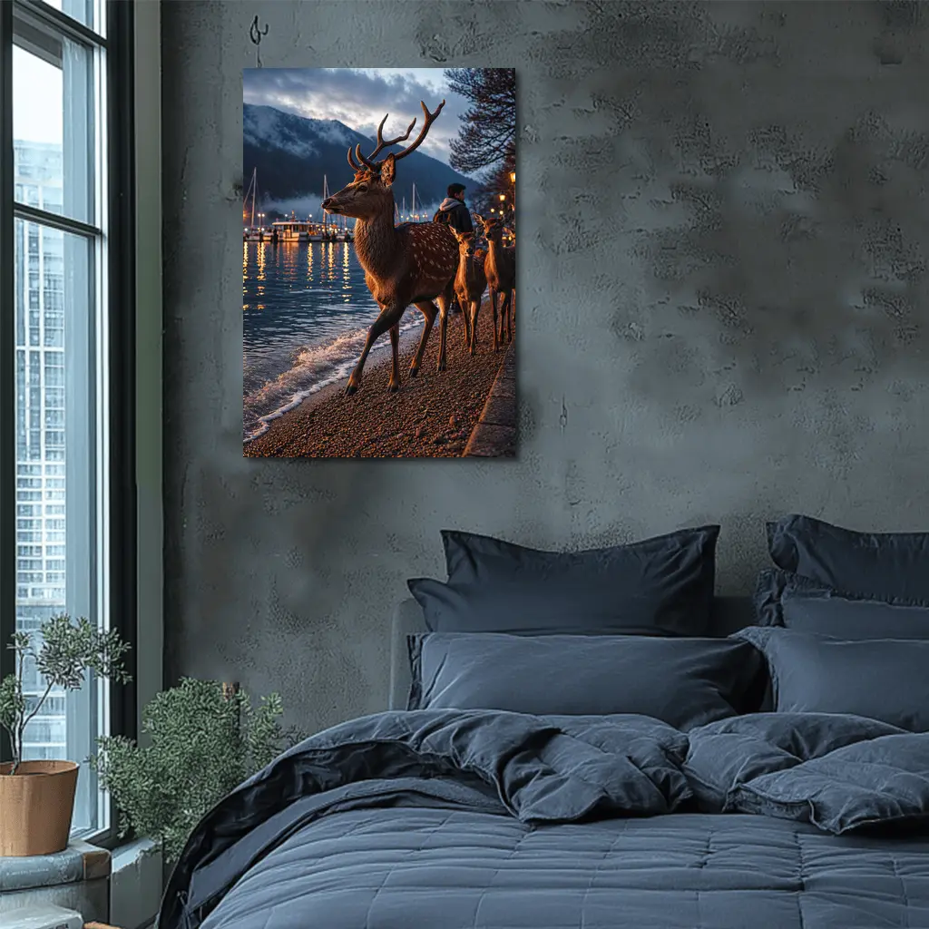 Deer Stag Walking Along Harbor At Dusk – Wall Art