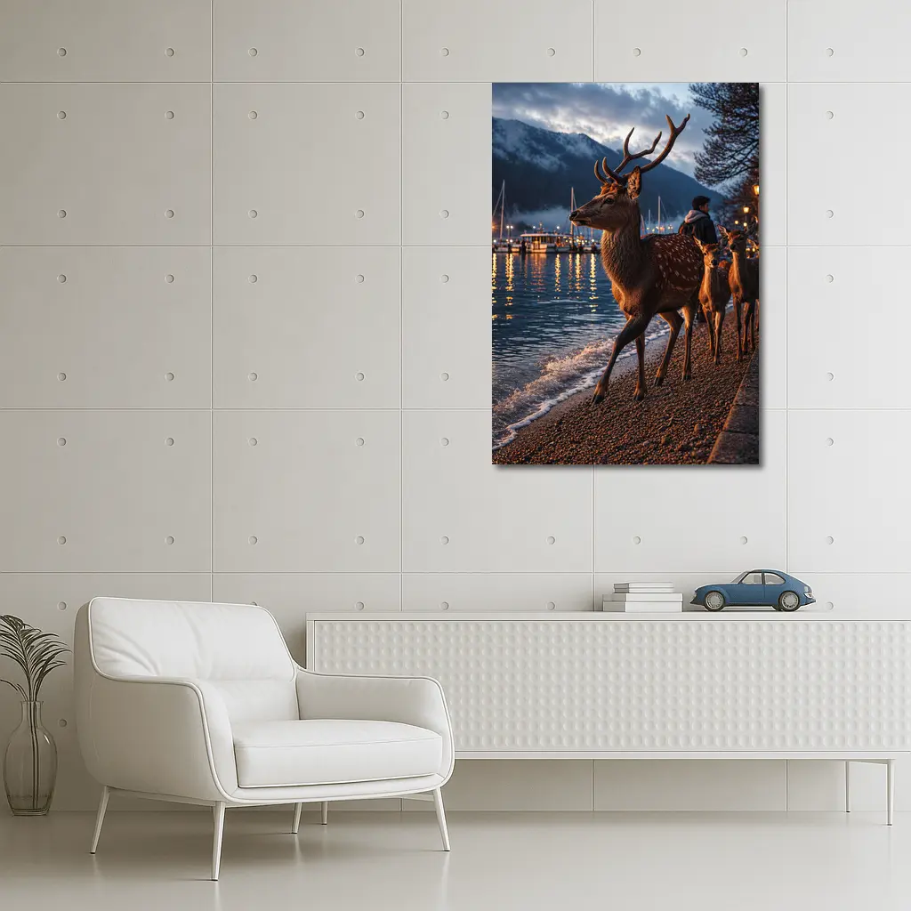 Deer Stag Walking Along Harbor At Dusk – Wall Art