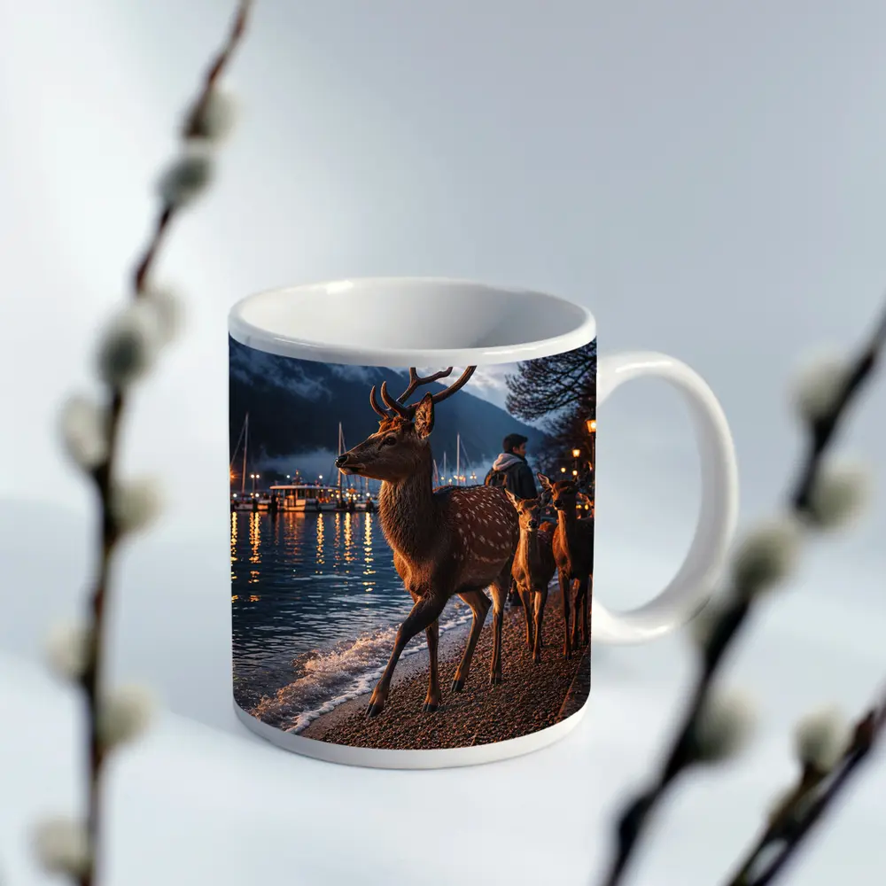 Deer Stag Walking Along Harbor At Dusk – Mugs