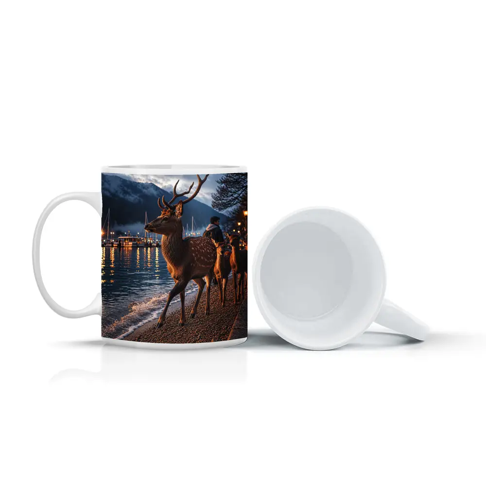 Deer Stag Walking Along Harbor At Dusk – Mugs