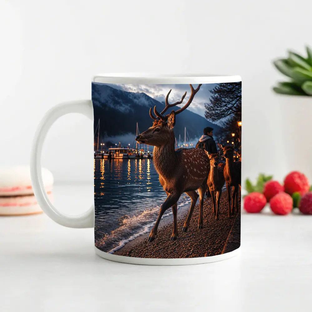 Deer Stag Walking Along Harbor At Dusk – Mugs