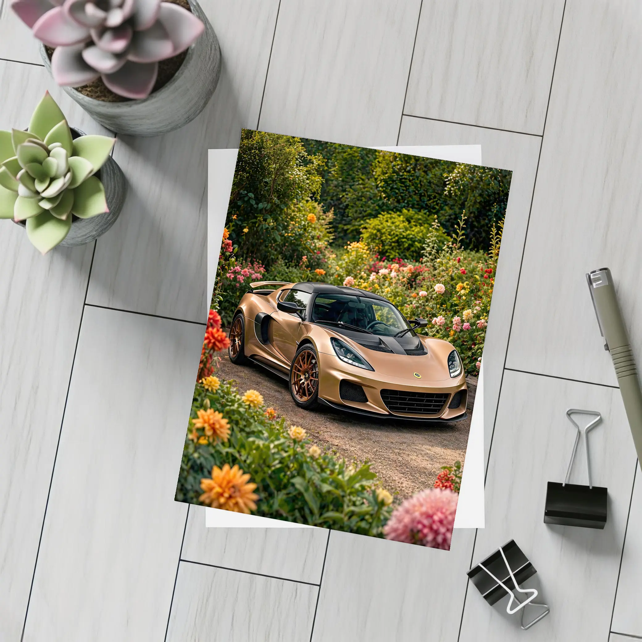 Lotus Exige Bronze Sports Car Garden Setting – Postcards