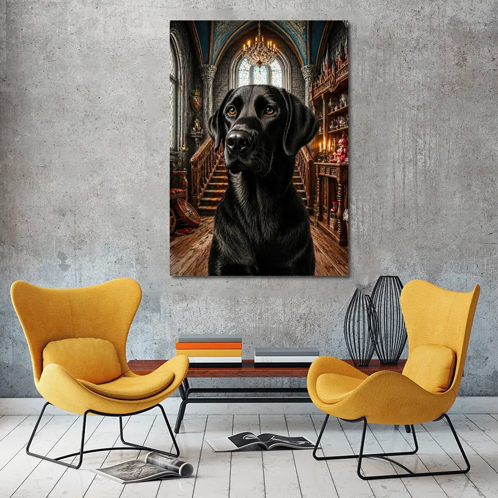 Black Labrador Retriever In Gothic Castle Hall – Wall Art