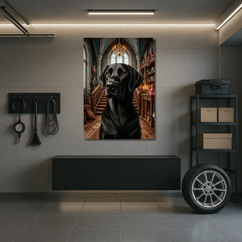 Black Labrador Retriever In Gothic Castle Hall – Wall Art