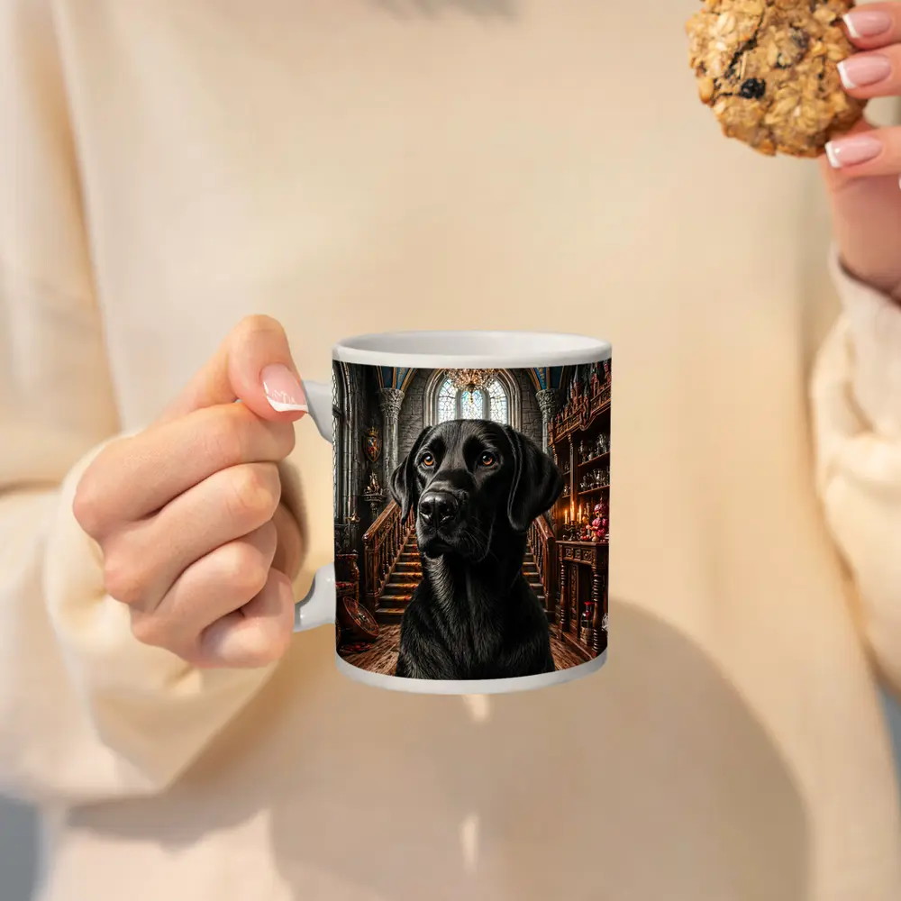 Black Labrador Retriever In Gothic Castle Hall – Mugs