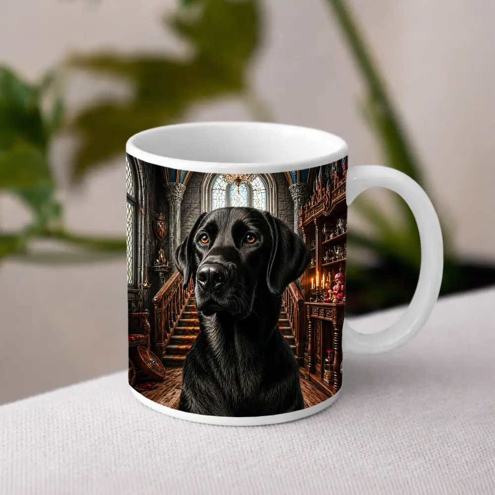 Black Labrador Retriever In Gothic Castle Hall – Mugs